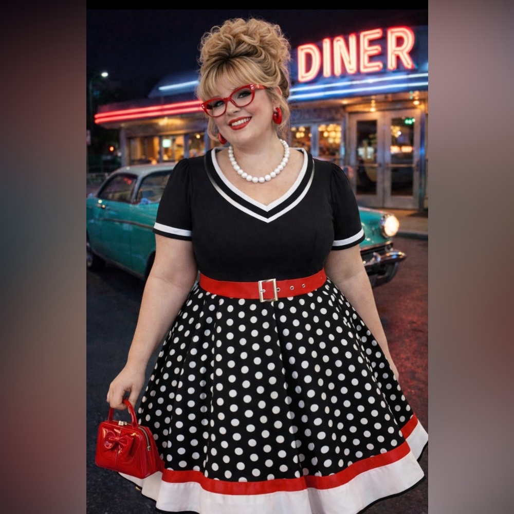 Pin Up style- plus size- black, red & white- Polka Dot Swing Dance Dress